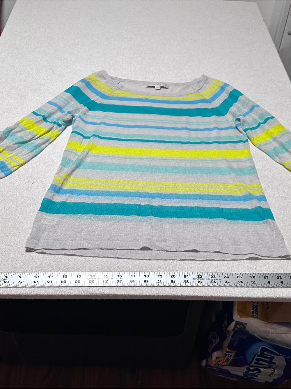 LOFT Striped Sweater in Turquoise, Lime & Light Gray
